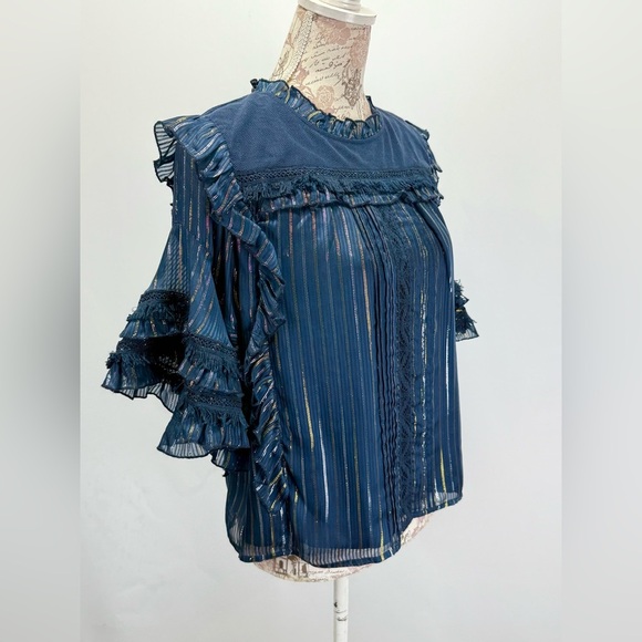 MISA LOS ANGELES Navy blue with gold stripe ruffle accent blouse size M - Picture 5 of 13
